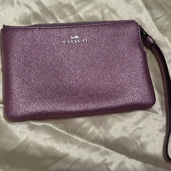 Coach Handbags - Coach Metallic Purple Zip Wristlet